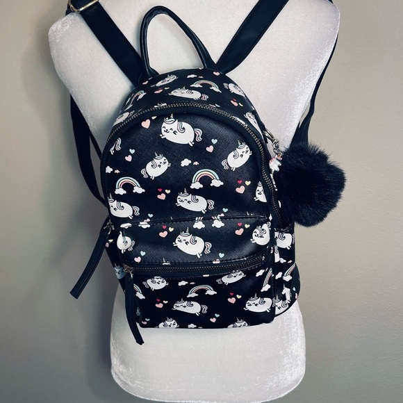 Unicorn And Rainbows Mini Vinyl Backpack Purse Bookbag With Pom Pom - Picture 1 of 10